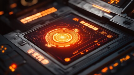 A glowing target lock interface on a digital control panel, emphasizing accuracy, tracking, and precision in tech systems