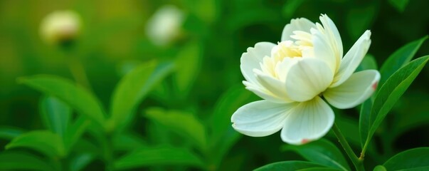 Fototapeta premium Lush green foliage surrounds a stunning white peony flower, nature, lush greenery, garden backdrop