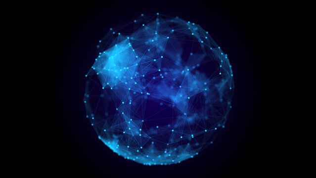 Technology blue sphere with connecting dots and lines. Digital abstract network structure. 3D rendering.