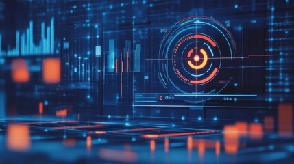 A high-tech crosshair interface on a futuristic computer screen, surrounded by data streams and analytics graphics