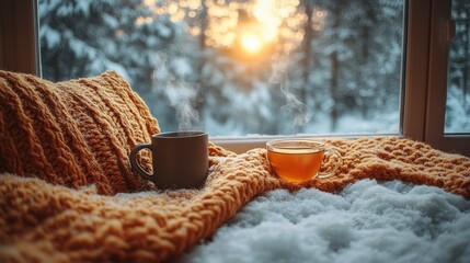 Obraz premium Cozy Winter Morning Two Cups of Warm Drink on a Knit Blanket by Snowy Window