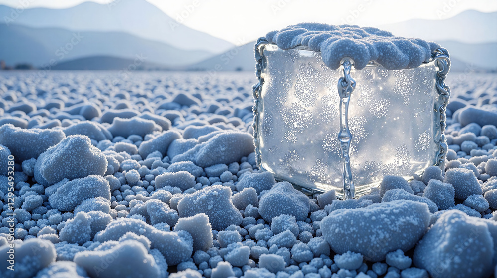 Poster a large cube of ice is sitting on a field of snow. the ice cube is surrounded by a large amount of s