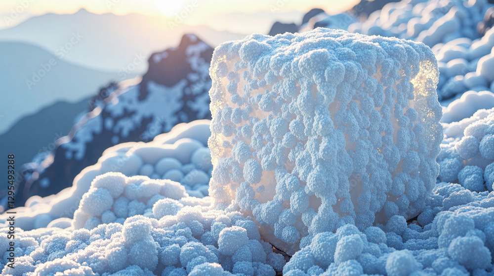 Poster a large cube of ice is sitting on a field of snow. the ice cube is surrounded by a large amount of s