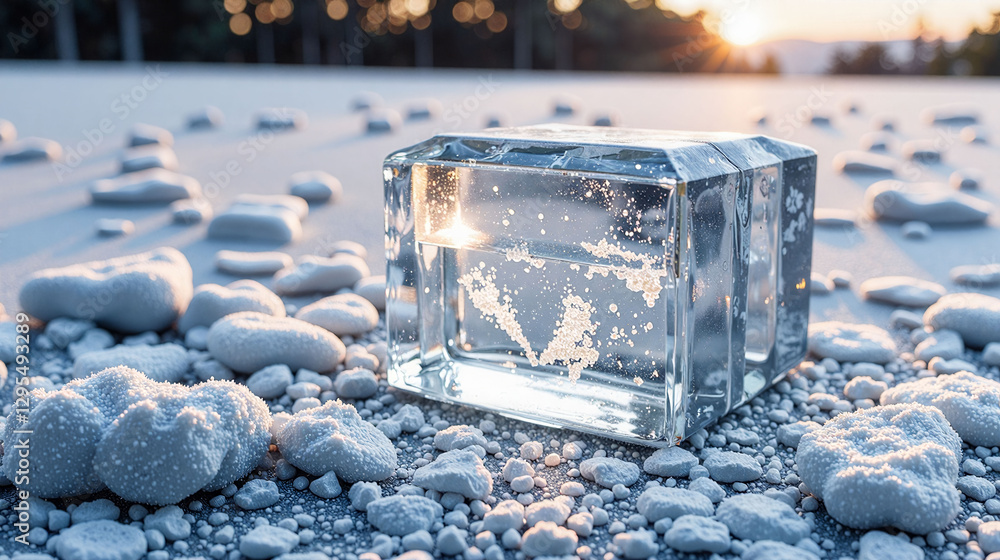 Poster a large cube of ice is sitting on a field of snow. the ice cube is surrounded by a large amount of s