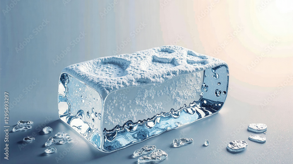 Poster a large cube of ice is sitting on a field of snow. the ice cube is surrounded by a large amount of s