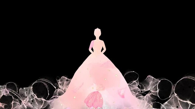 花びらが舞う模様のウェディングドレスをまとった花嫁のロマンティックフレーム。お祝い向けの華やかな&alpha;付きループアニメーション。