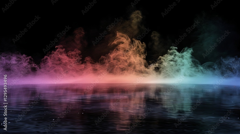 Poster vibrant swirl of multicolored smoke hovering over a dark floor with misty fog, isolated on a black b