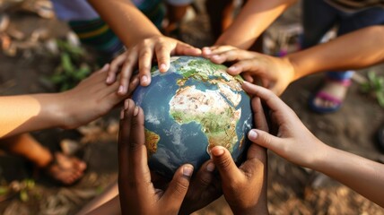 Smart children hands holding a globe together outdoors. Close up of diverse teenager hands holding globe with green continent and water. Unity and diversity concept. Green sustainable design. AIG53.