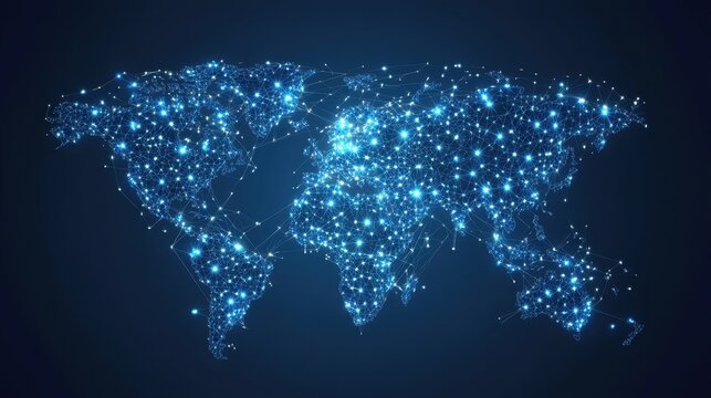 A high-tech world map with floating network nodes, representing a decentralized and connected digital infrastructure