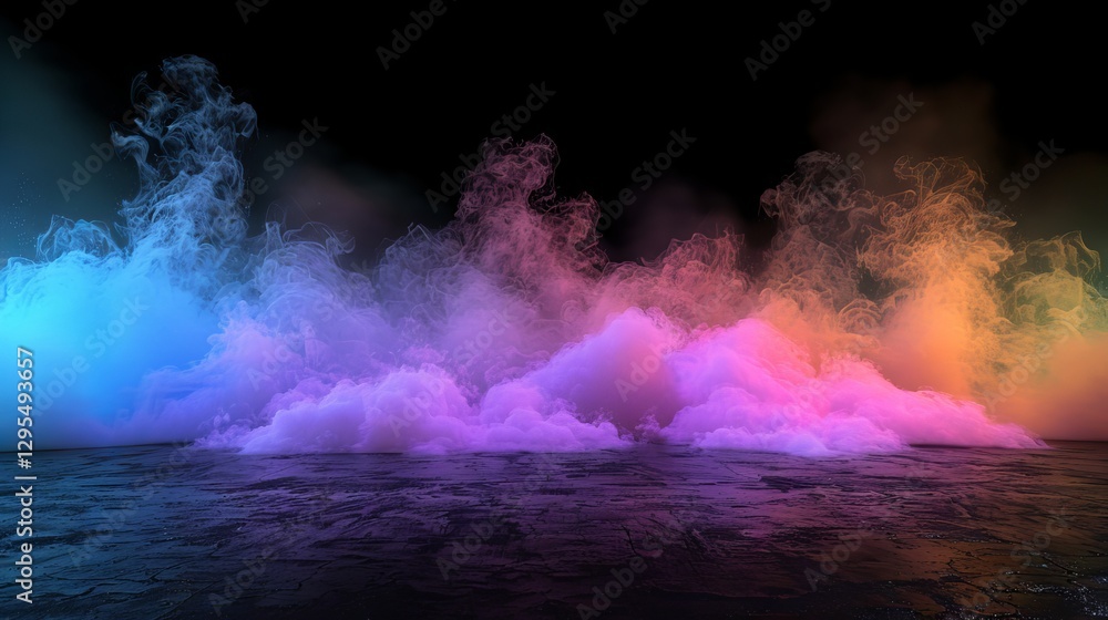 Poster vibrant swirl of multicolored smoke hovering over a dark floor with misty fog, isolated on a black b
