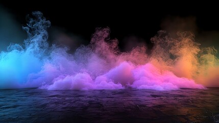 Vibrant swirl of multicolored smoke hovering over a dark floor with misty fog, isolated on a black background for dramatic text overlays or design space.