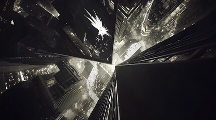 Aerial View of Skyscrapers in a Modern City with Bright Lights Against a Dark Night Sky