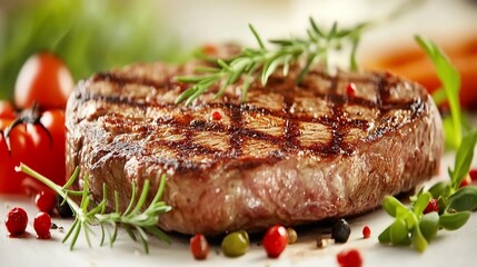 Grilled steak, herbs, vegetables, closeup, restaurant