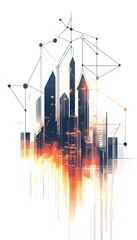 Abstract city skyline with geometric network connections overhead shown