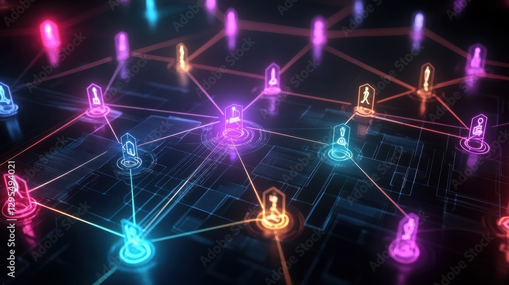 Poster a network of vibrant user icons linked by glowing lines, symbolizing digital social connections on a