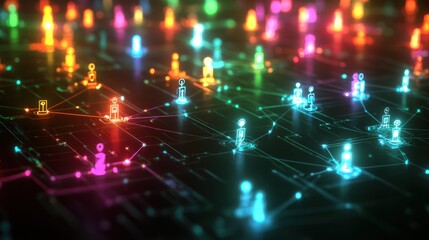 Fototapeta premium A network of vibrant user icons linked by glowing lines, symbolizing digital social connections on a dark futuristic background