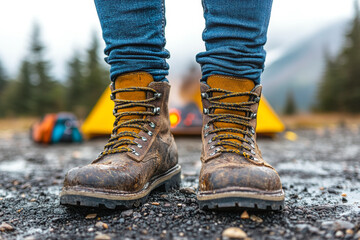 A pair of rugged hiking boots stands on rocky terrain, with a tent and a campfire in the background, showcasing a perfect outdoor adventure scene.