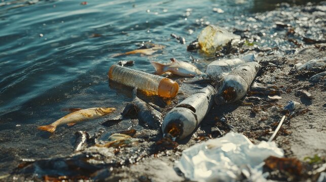 Polluted water with dead fish and plastic waste debris