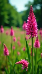 Fototapeta premium Pink plume flowers in a field with green grass and trees, nature, justicia carnea