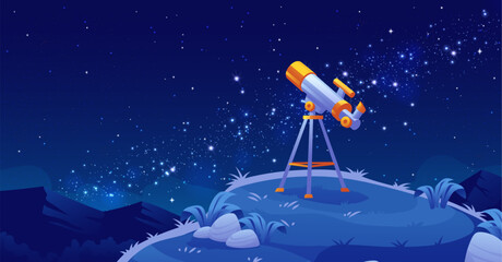 Cartoon telescope on tripod on starry space background. Deep blue night sky filled with bright stars and cosmic dust. Mountain landscape as viewpoint for astronomical observation. Astronomy education.