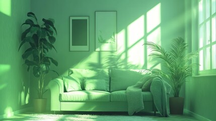 Obraz premium Green toned living room with sofa plants and window light