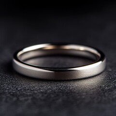 Elegant silver wedding band on dark textured surface capturing minimalist design and subtle reflection symbolizing commitment and eternal love