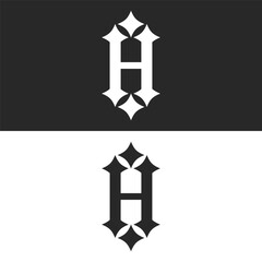 Initial H letter gothic monogram logo set with sharp edges, bold serif font black and white typography element for identity design.