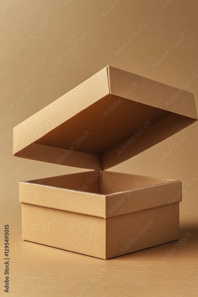 Poster open cardboard box on tan background showcasing packaging design and product presentation for e comm