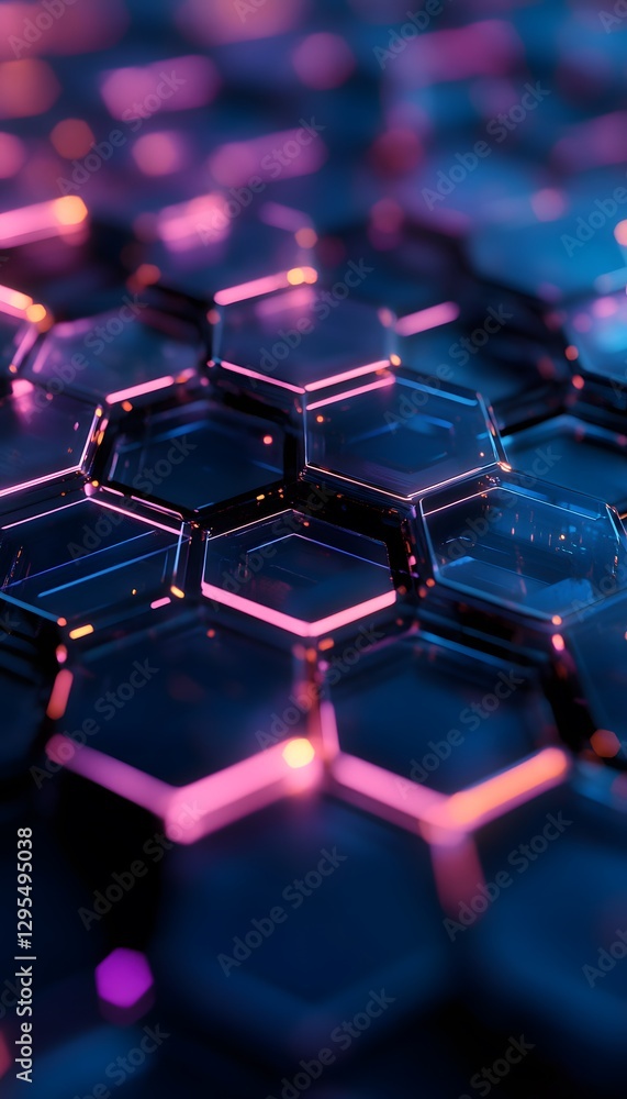 Poster abstract hexagonal glass pattern with illuminated pink and blue edges