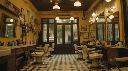 A vintage style barber shop interior with ornate details