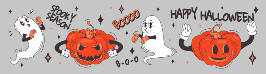 Groovy Halloween ghost and pumpkin set isolated on grey background. Vector cartoon illustration of spooky white monster and creepy jack lantern mascots, autumn holiday symbols, party banner pattern