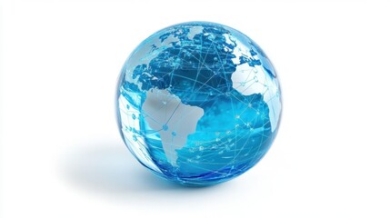 Fototapeta premium A transparent 3D globe with neon blue networking lines crisscrossing continents, symbolizing a hyper-connected world