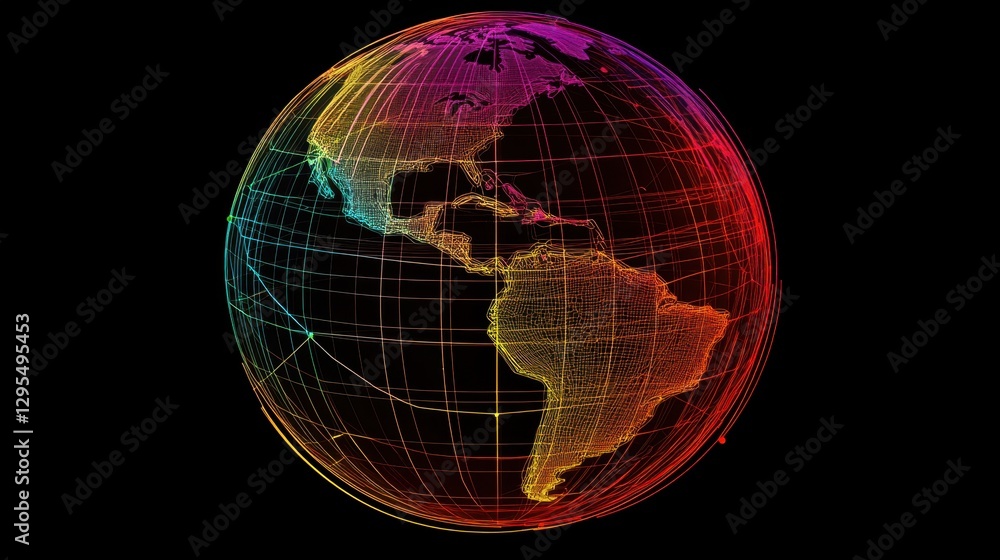 Aufkleber a wireframe globe with vibrant connection lines spanning across continents, symbolizing internationa