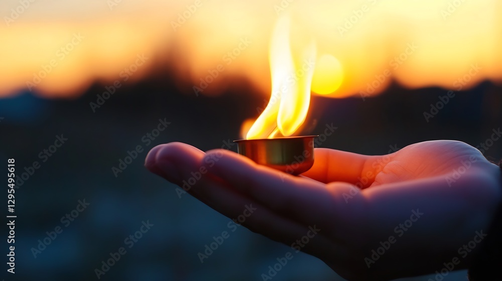 Poster hand holding flickering flame from candle with sunlit background creating a warm atmosphere : genera