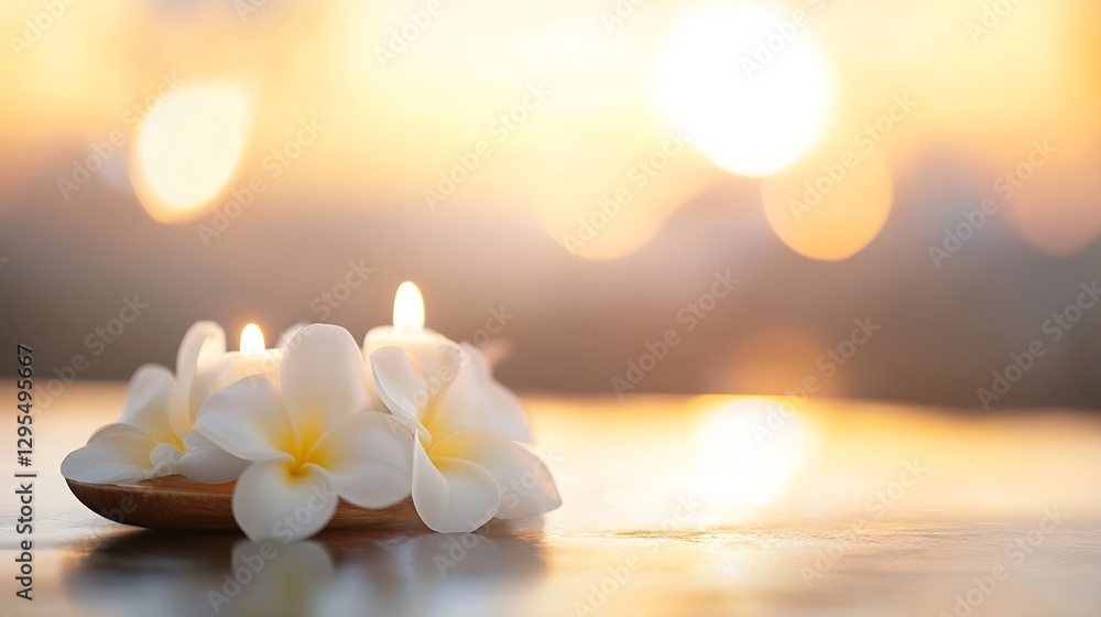 Poster calming arrangement of white flowers and candles with a soft golden sunlight background creating a p