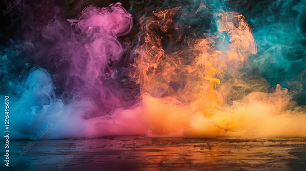 Aufkleber vibrant swirl of multicolored smoke hovering over a dark floor with misty fog, isolated on a black b