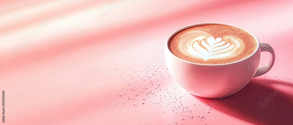 Poster elegant latte art in pink cup on pastel pink background with soft light creating a calming and invit