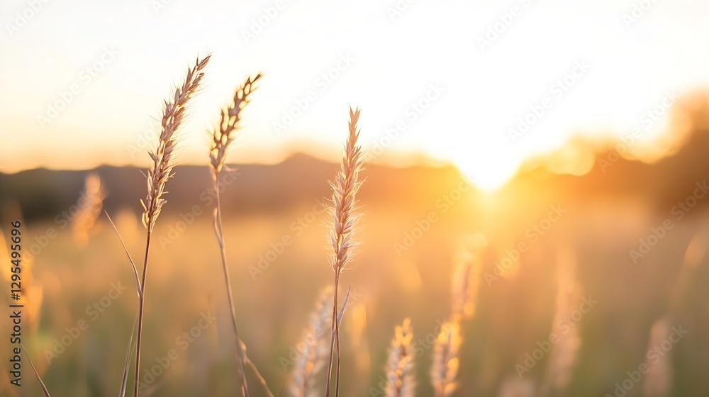 Poster golden sunrise over tall grass in a serene field creating a peaceful atmosphere : generative ai