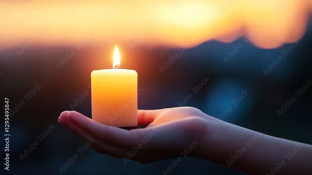 Poster hand holding lit candle with soft focus and warm glow against beautiful evening background : generat