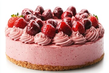Delicious strawberry cheesecake adorned with fresh strawberries and creamy frosting on a white background in studio shot