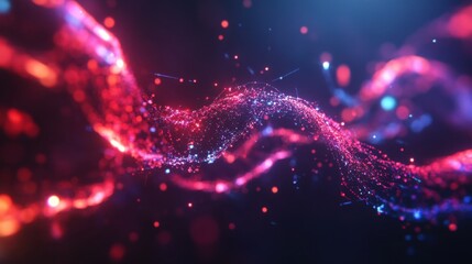 Fototapeta premium Abstract data visualization with bright, moving nodes, creating a real-time digital network representing AI and global information exchange.