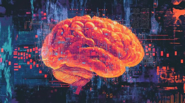 Abstract brain icon with binary code and electronic components, representing big data processing. - Powered by Adobe