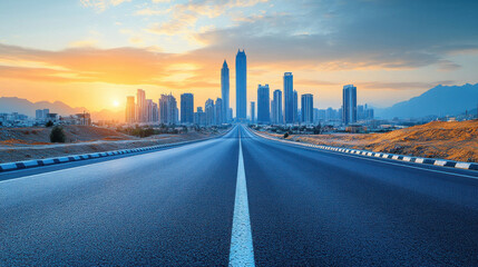 Obraz premium Industrial park in Saudi Arabia with diverse manufacturing plants, high-rise corporate buildings in the background, wide roads and transport networks