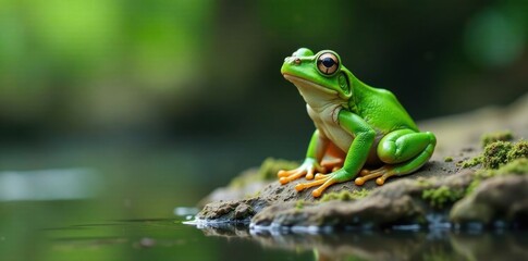 Obraz premium Little green frog sitting on rock, green, rock, cartoon