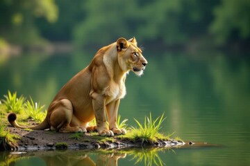 Obraz premium Lioness at the edge of a lake, wildlife, illustration, animals