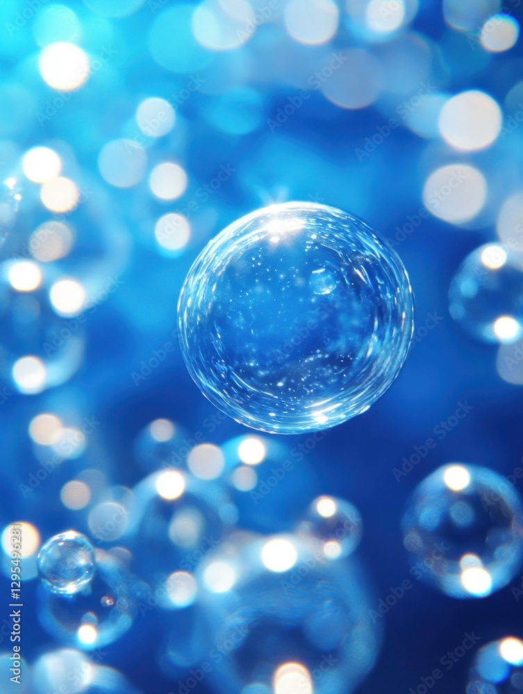 Poster ethereal blue bubbles floating in a serene space with soft light creating a dreamy and magical atmos
