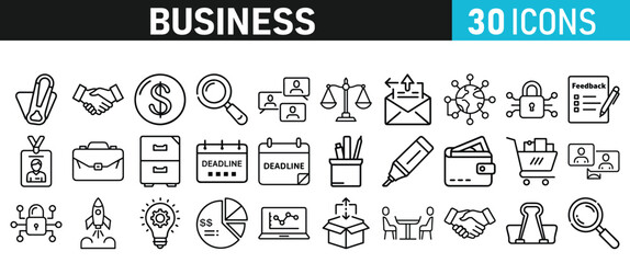 Set of 30 Business icons. Business web icons in line style. Money, bank, contact, infographic, balance. Icon collection. Vector illustration.