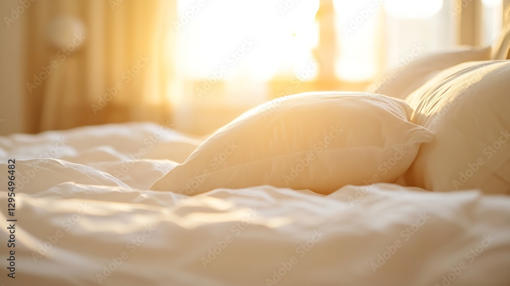 Poster cozy and inviting bedroom with sunlight streaming across soft pillows and white bedding : generative
