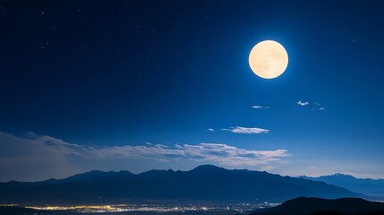 Stunning Night Sky View Featuring Full Moon Over Mountain Landscape and City Lights : Generative AI