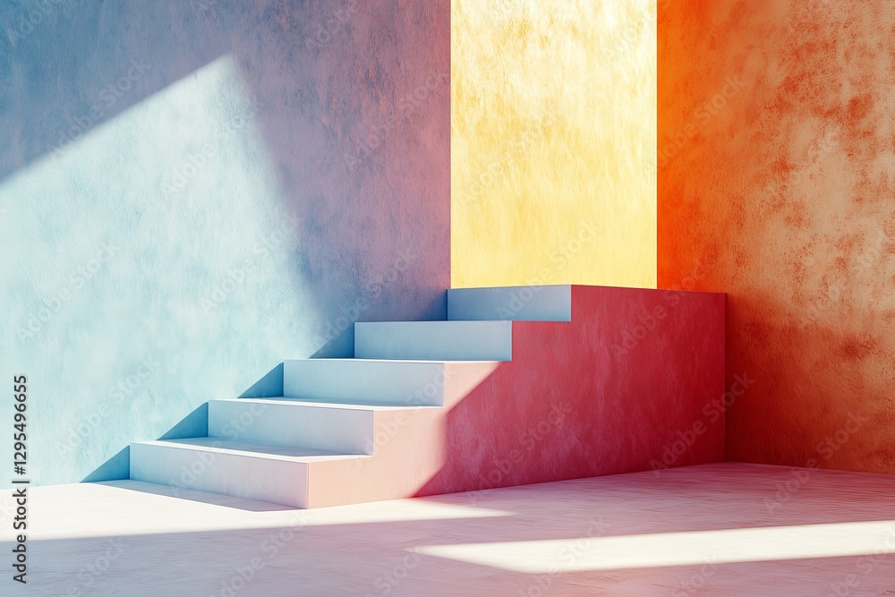 Poster vibrant 3d rendering of colorful geometric shapes in a minimalist interior with dynamic lighting